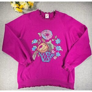 Vintage Jerzees Floral Basket Embroidered Sweatshirt Magenta Ruffle Crewneck L
